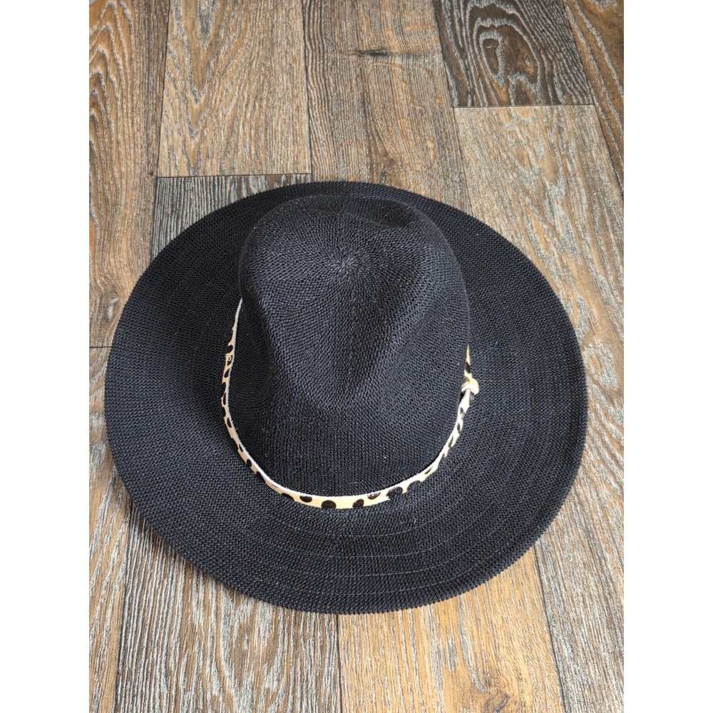 Wyeth Black Woven Fedora Sun Hat with Leopard Print Band OS